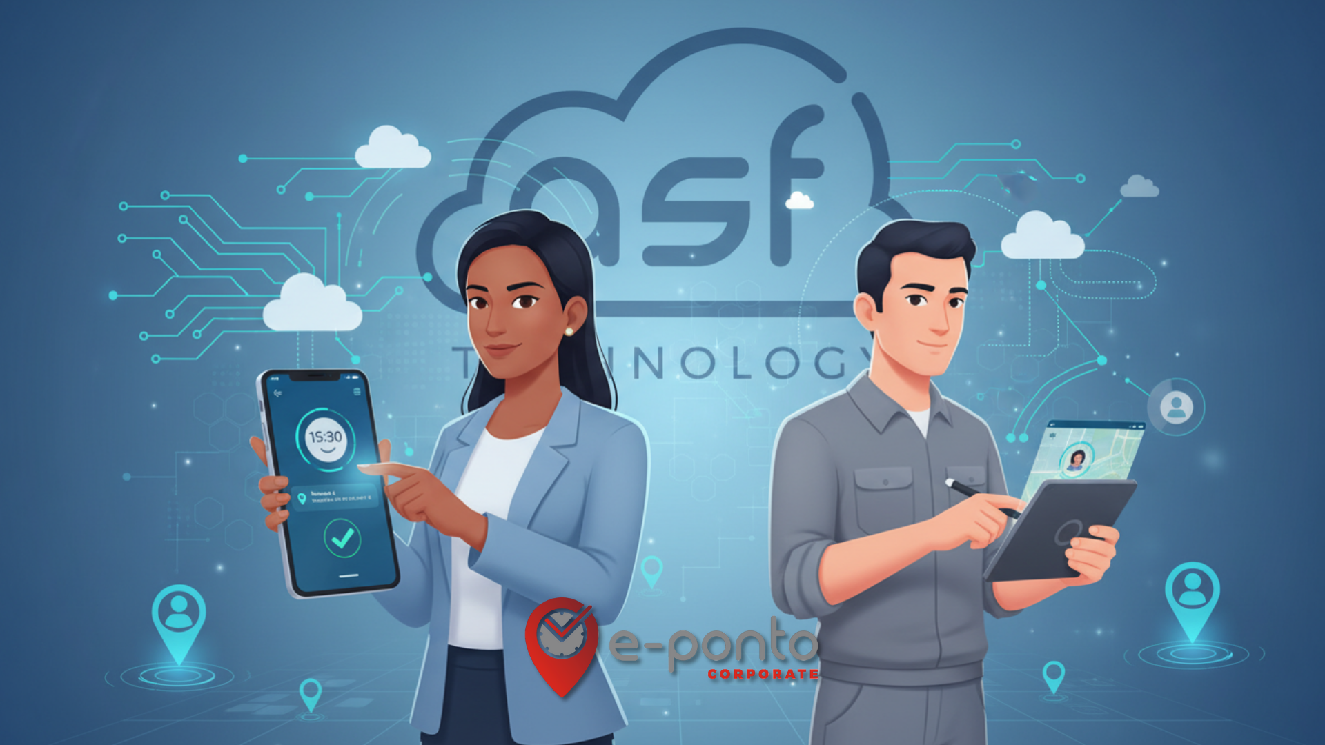 EPonto Corporate em ação, mostrando marcação de ponto digital com foto e geolocalização em dispositivos móveis.