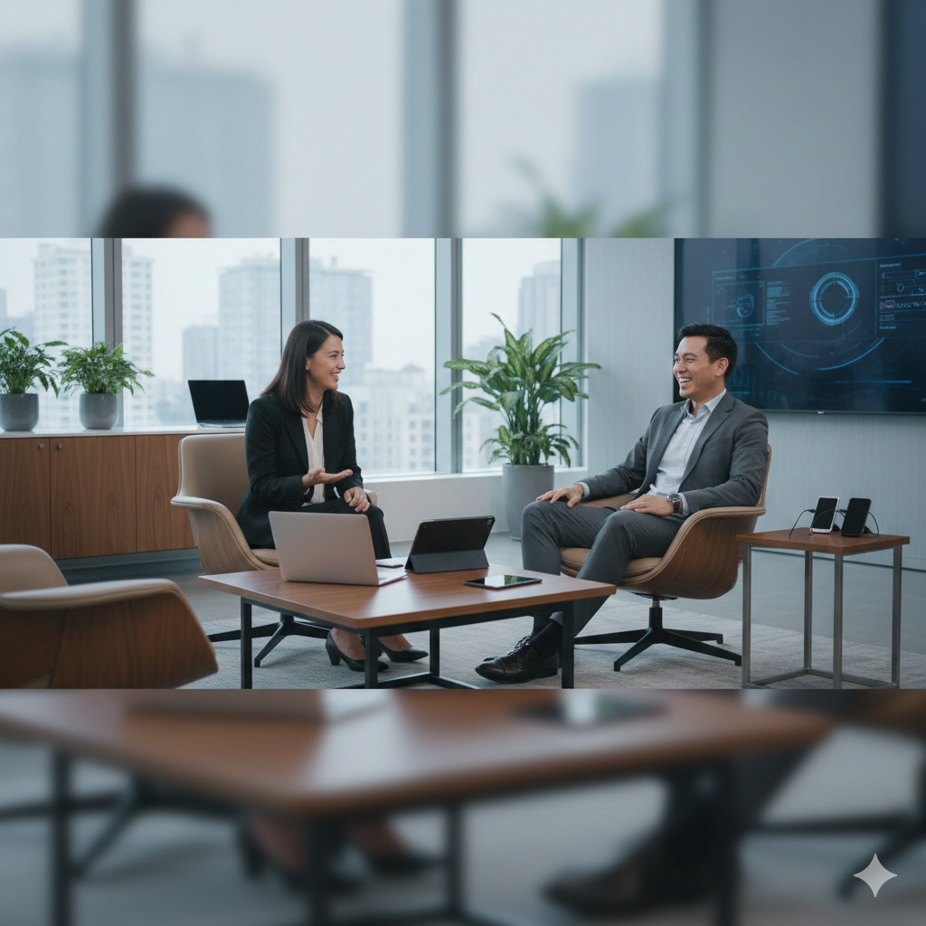 Um gestor conversando com um candidato sentado em um sofá informal, com perguntas leves e um tablet na mesa.